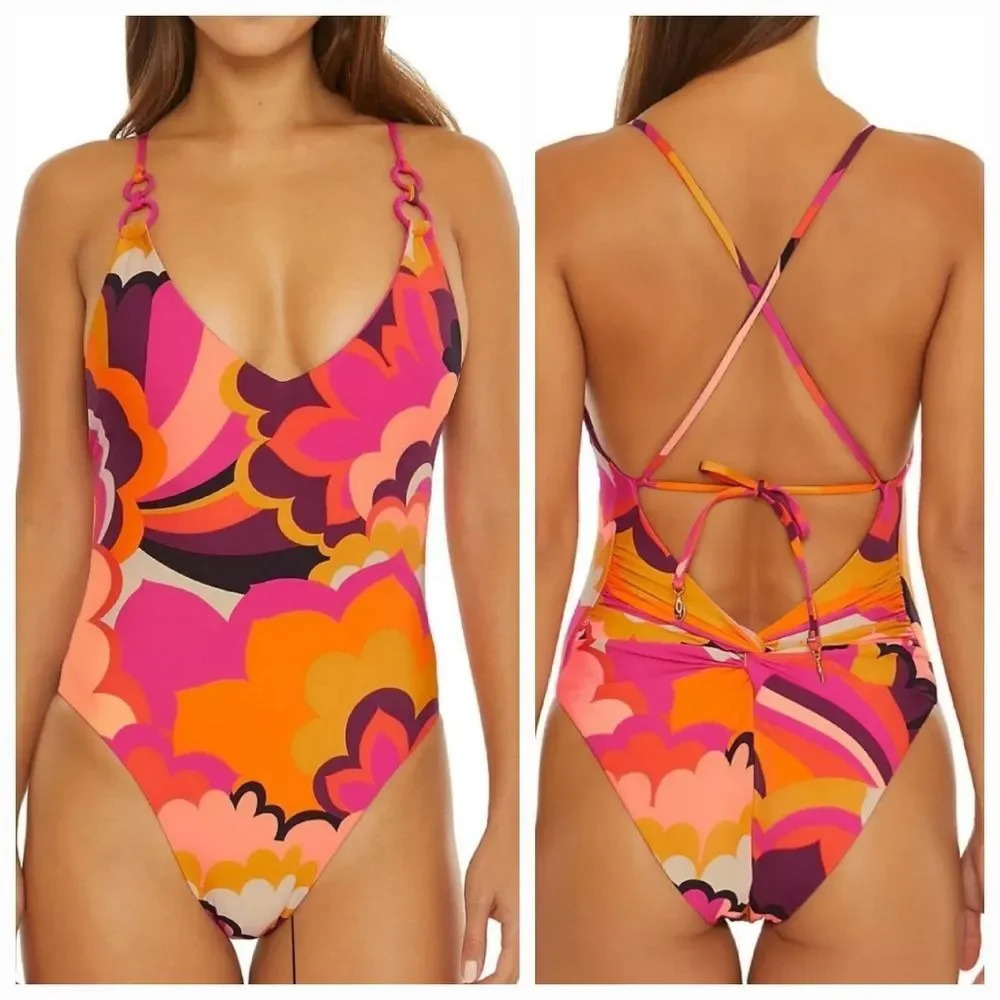 Trina Turk WOMEN'S FAN FAIRE TWIST BACK HALTER PLUNGE ONE PIECE SWIMSUIT size 10
